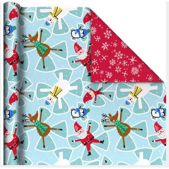 Hallmark Wrapping Paper Santa Snow Angels Snowflakes Reversible 30 sq ft Roll Ho - Picture 3 of 7